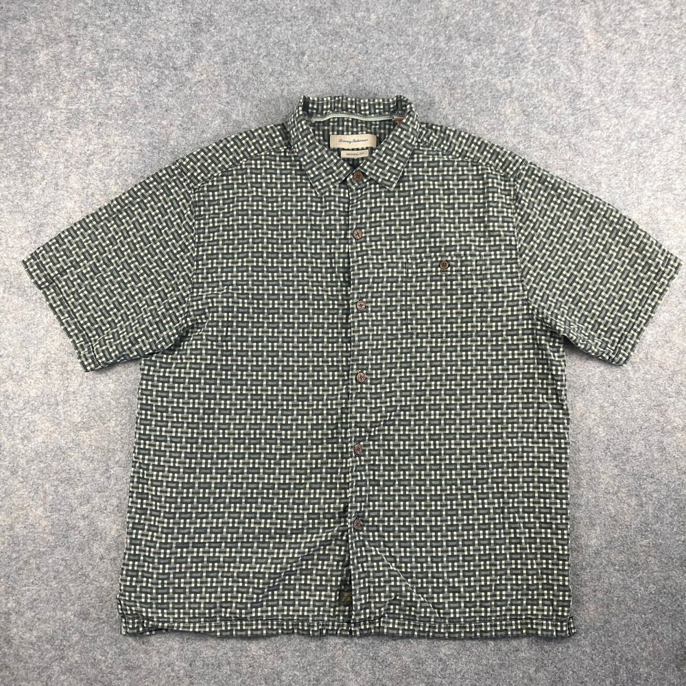 Tommy Bahama Shirt Mens XL Black White Gingham Silk Cotton Original Fit Textured
